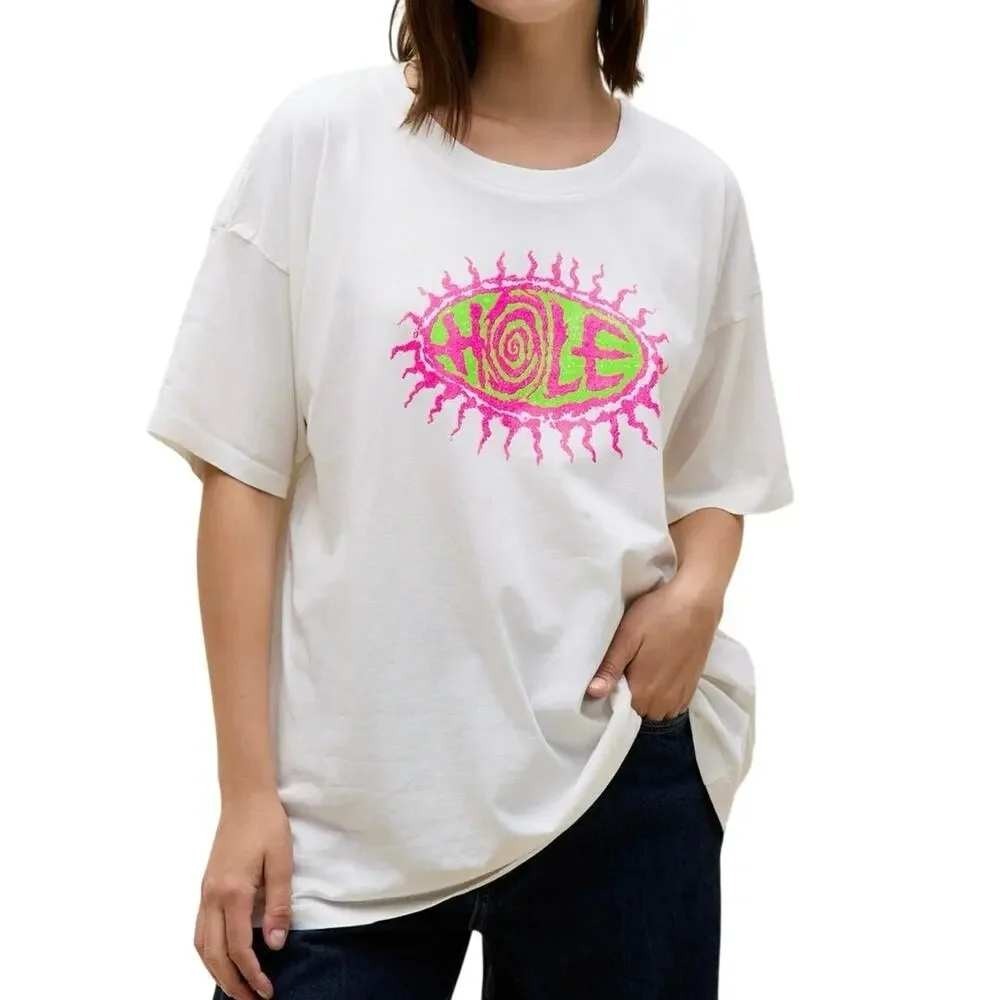 087 Daydreamer Hole Band Tee Neon Pink Green Graphic T-Shirt (Large, White, NWT)